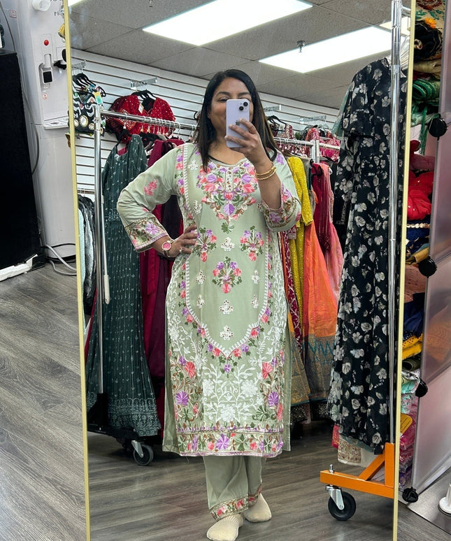 Kurti Connection USA sage green kurti set with intricate multi-colored floral embroidery and matching trousers
