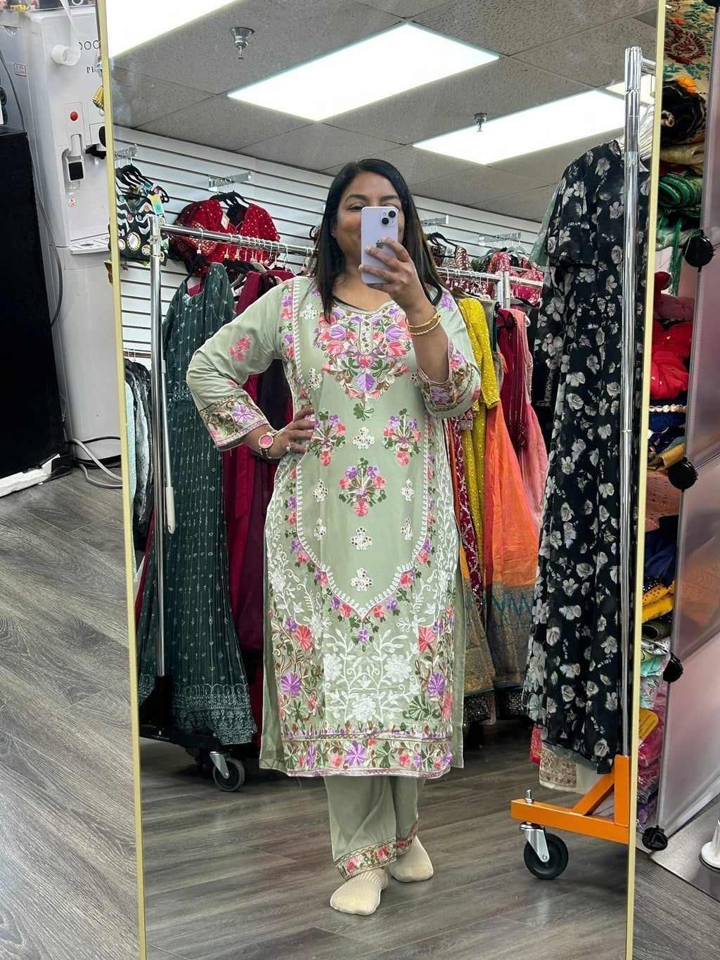 Kurti Connection USA sage green kurti set with intricate multi-colored floral embroidery and matching trousers