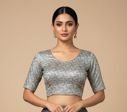 Kurti Connection USA silver embroidered crop top blouse with scoop neckline and three-quarter sleeves.