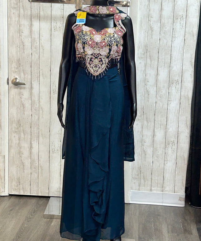 Kurti Connection USA deep teal embellished crop top and chiffon skirt set with floral embroidery and cape overlay
