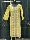 Kurti Connection USA yellow cotton kurti tunic with black and white traditional vertical print and three-quarter sleeves