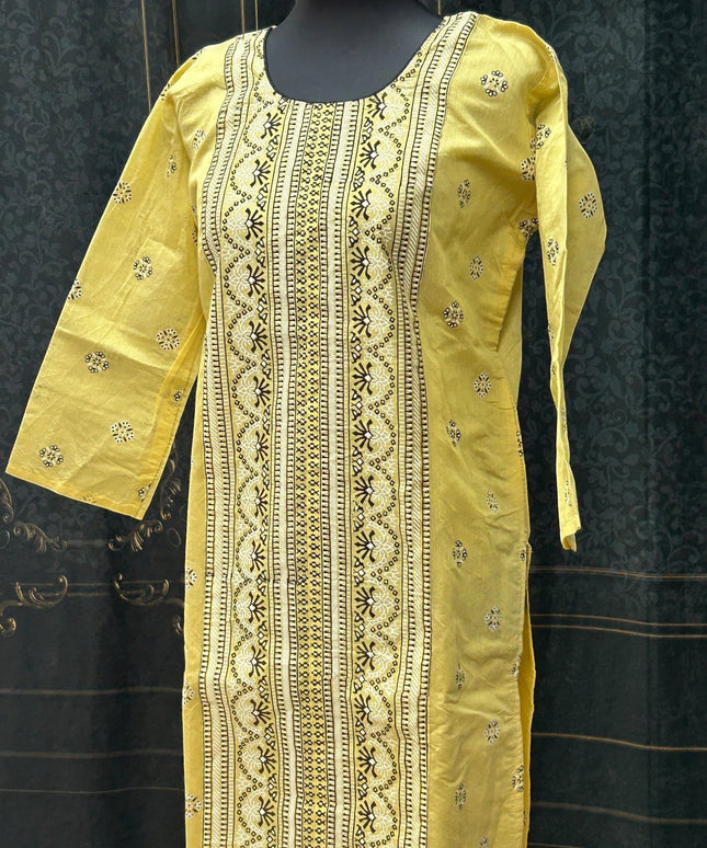 Kurti Connection USA yellow cotton kurti tunic with black and white traditional vertical print and round neckline