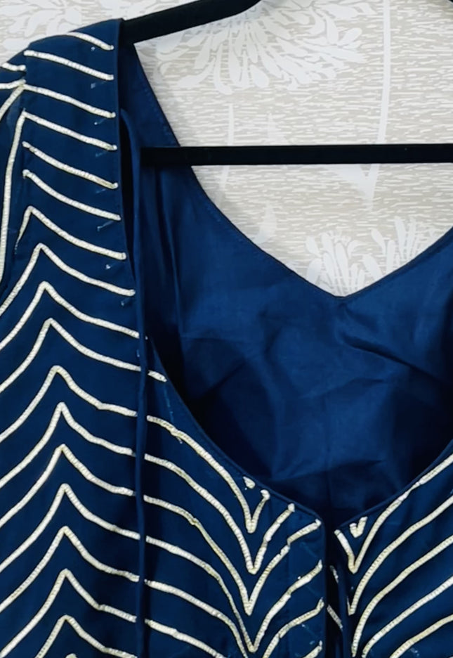 Dark blue chiffon blouse with goat Patti work