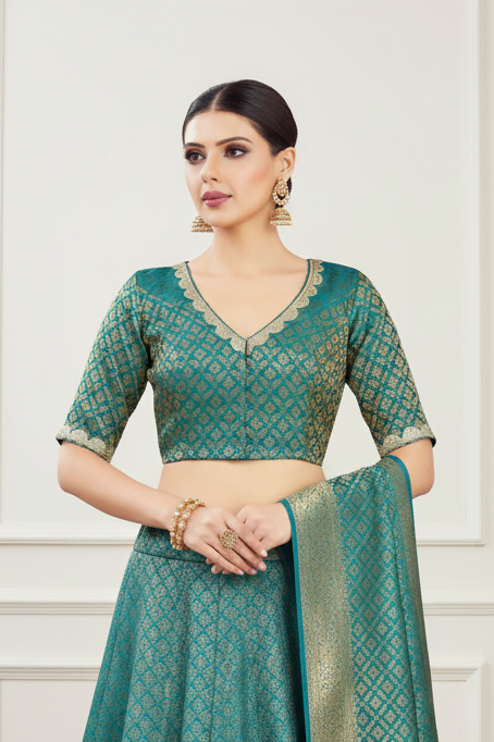 Teal blue jacquard blouse modeling photo