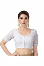 White cotton embroidered blouse modeling photo