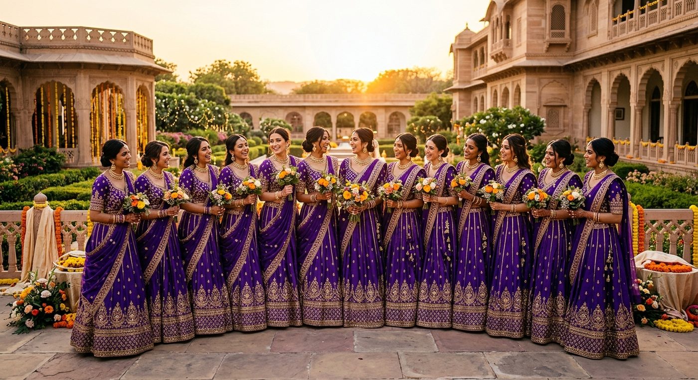 Twelve bridesmaids in matching purple lehenga sets — bulk pre-orders for weddings